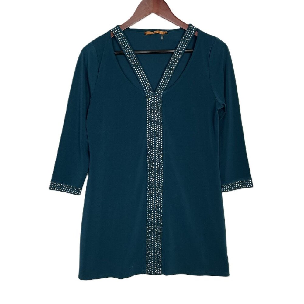Women's Tunic Top Size M Belldini Winter Teal Shoulder Cutout Embelished Sequins
